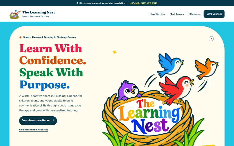 The Learning Nest home page on a laptop, with its bird and nest logo and a free phone consultation button.