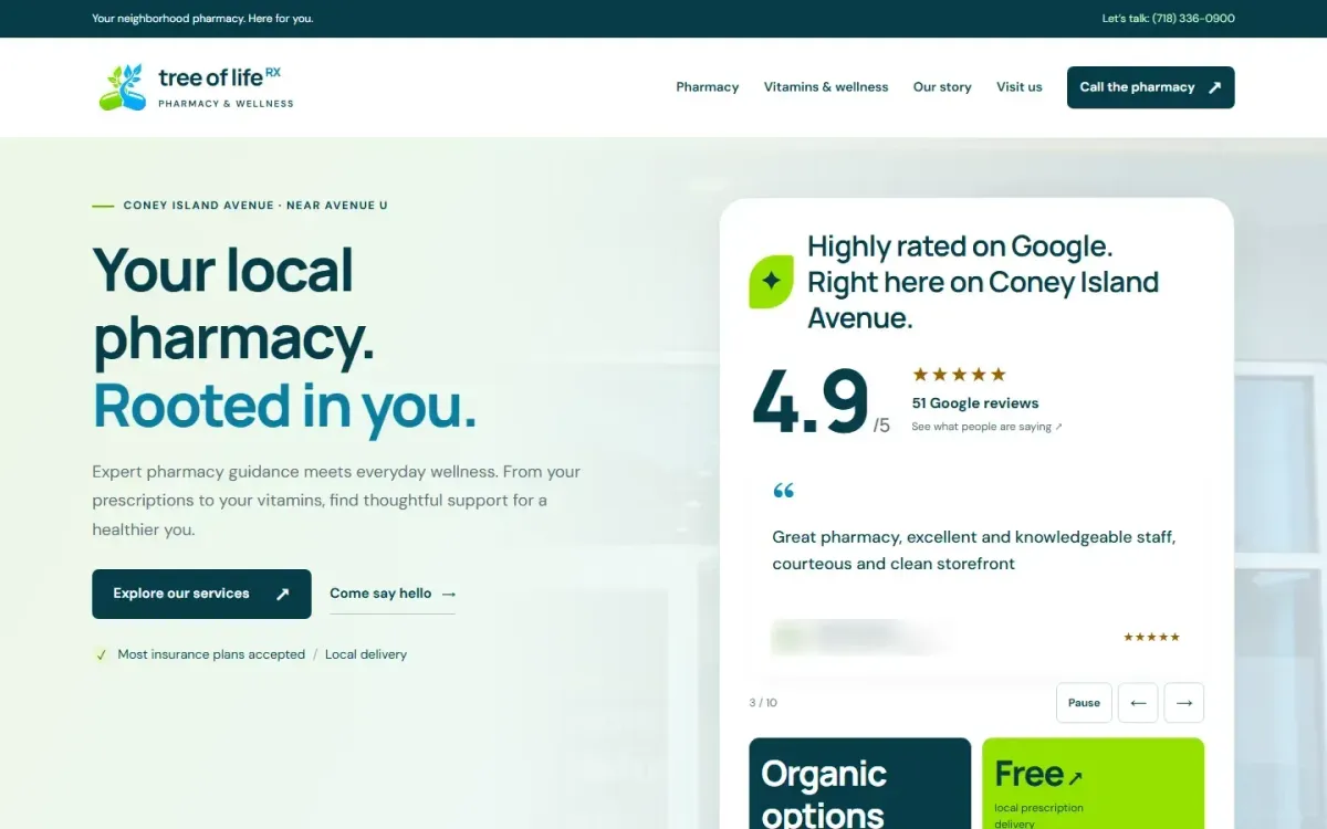 The Tree of Life pharmacy home page on a laptop, with a headline, service buttons and a customer review panel.