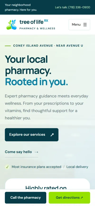 The Tree of Life pharmacy home page on a phone, with the headline and call and directions buttons.