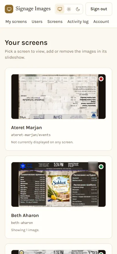 The signage manager screen list on a phone, with live previews of the prayer time walls.
