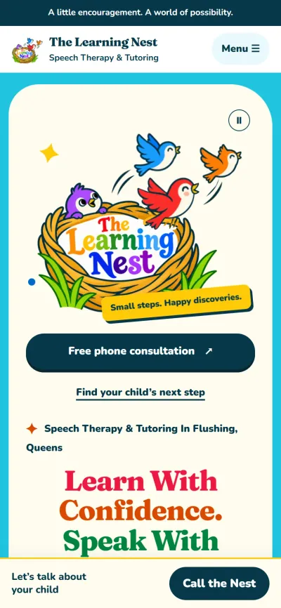 The Learning Nest home page on a phone, with the logo, a consultation button and a call bar.