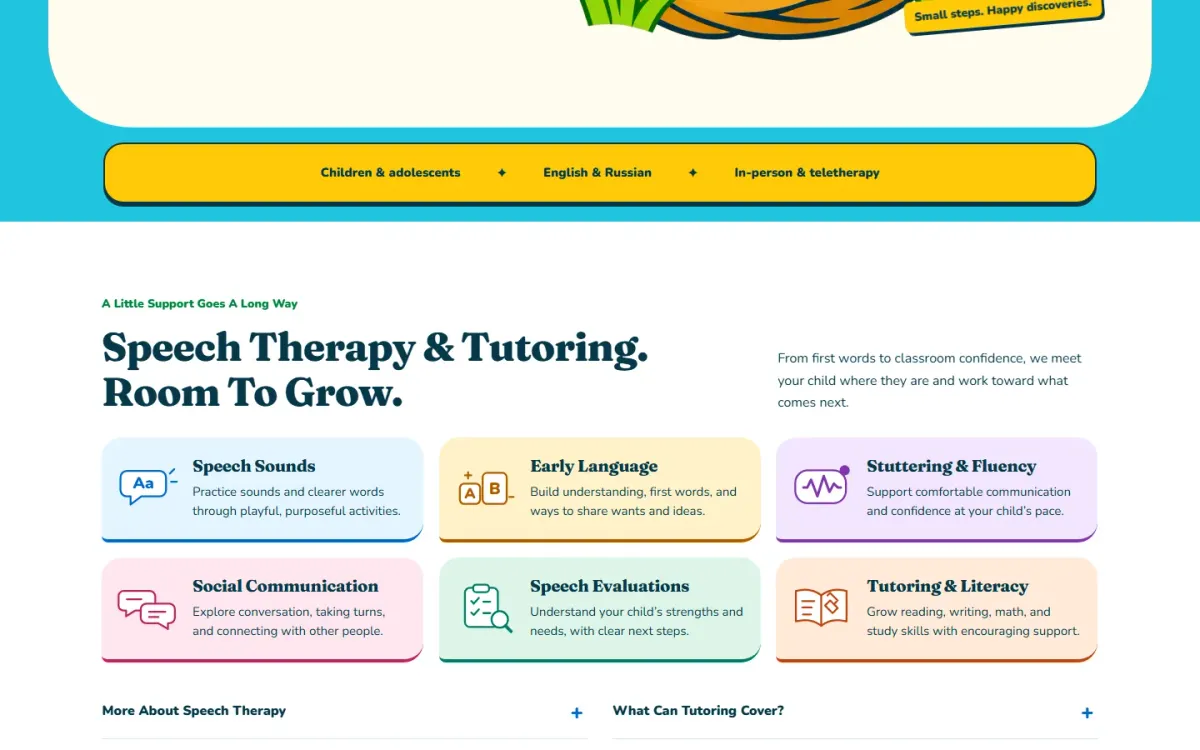 The Learning Nest service cards for speech sounds, early language, fluency and tutoring.