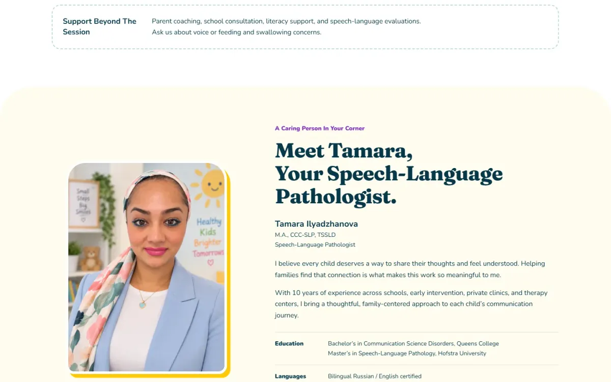 The Learning Nest page introducing the speech-language pathologist beside her portrait.