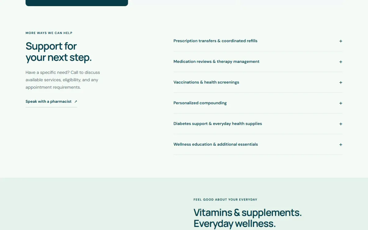 Tree of Life page listing more pharmacy services in an expandable list.