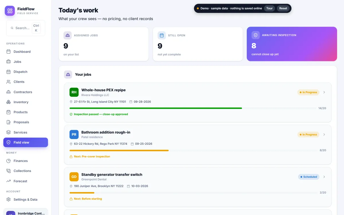 The FieldFlow crew field view of assigned jobs with progress bars.
