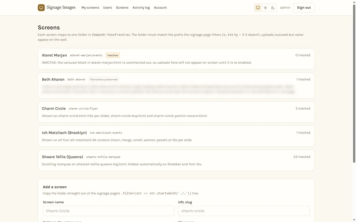 The admin screens page, listing each synagogue screen and the folder it reads flyers from.